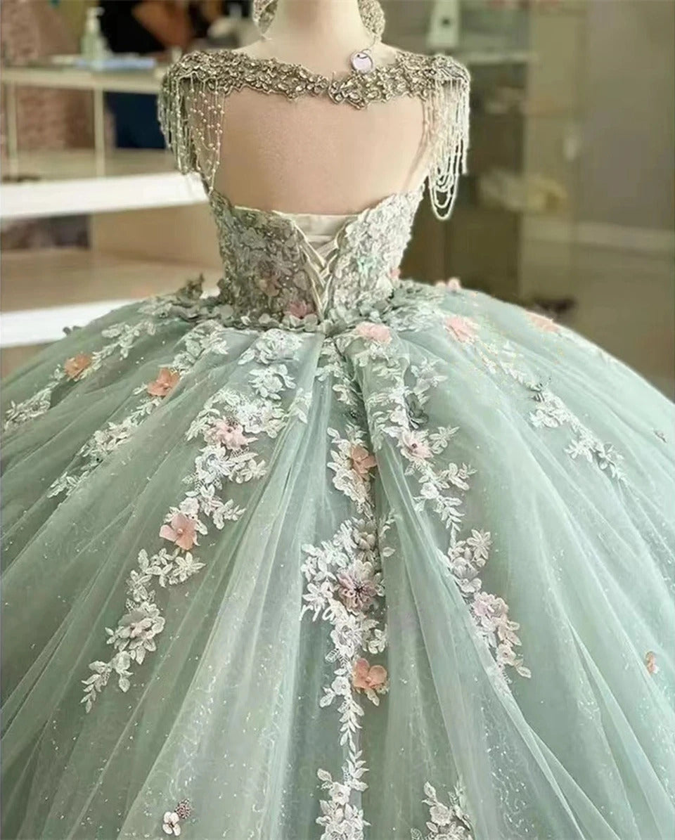 Exquisite Mint Green Ball Gown Strapless 3D Floral Applique Sweep Train Tulle Quinceanera Dress for Sweet 16