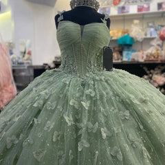 Sage Green Ball Gown Sweetheart Neckline with 3D Butterfly Lace Appliques & Tulle Skirt for Quinceanera or Sweet 16