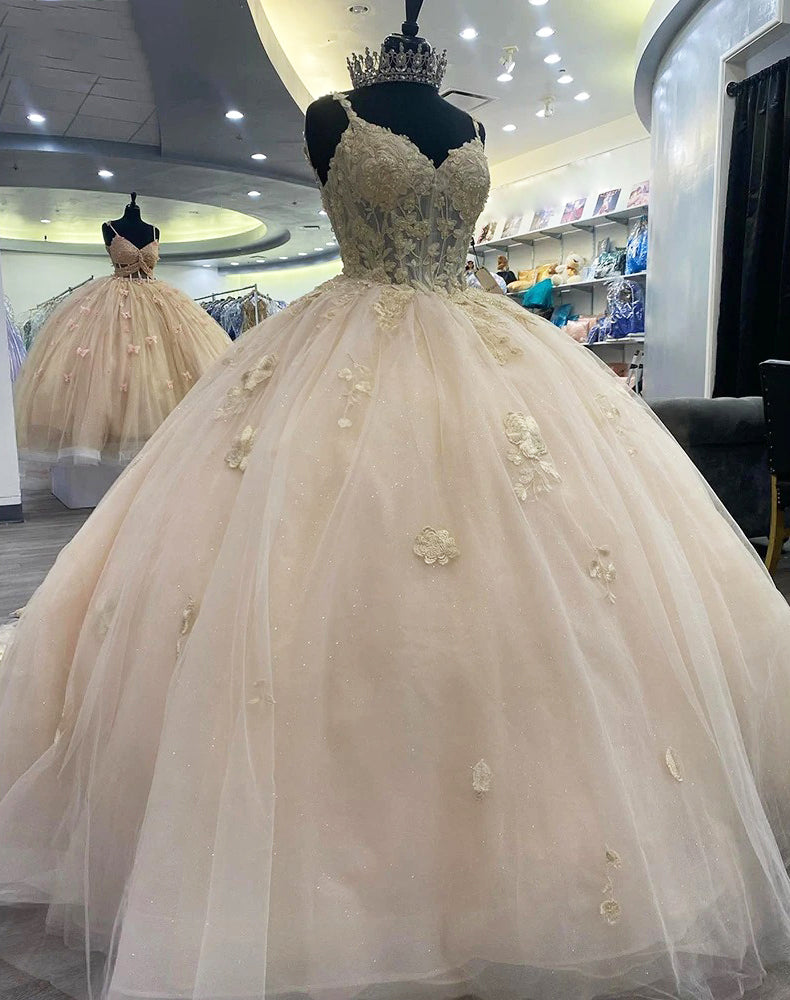 Champagne Ball Gown V-Neck Lace Applique Quinceanera Dress with Spaghetti Straps for Sweet 16 & Formal Events