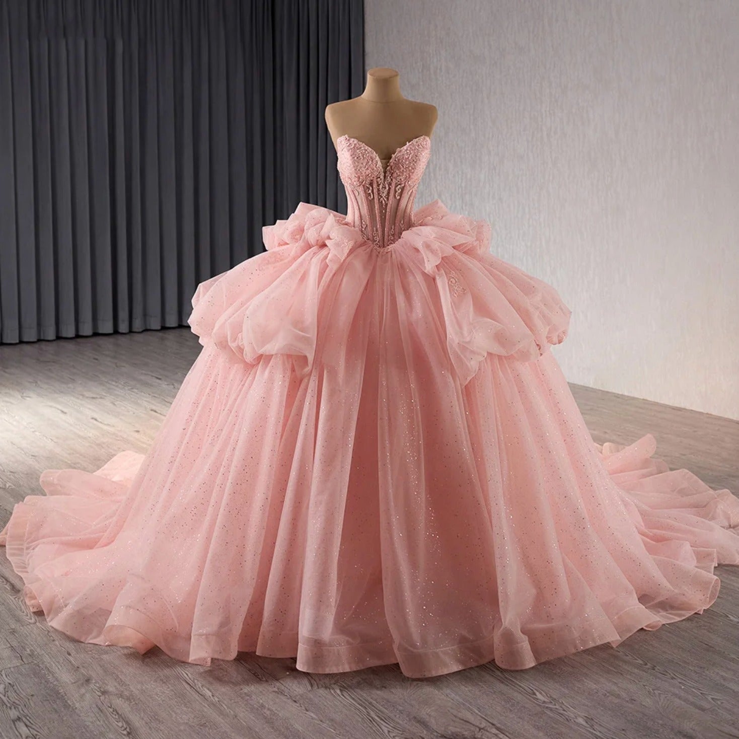 Strapless Ball Gown with Detachable Sleeves Tiered Tulle Quinceanera Dress with Ruffle Appliques & Bow Detail for Sweet 16 & Princess Parties