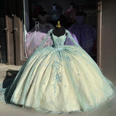 Mint Green Ball Gown Sweetheart Neckline Lace Appliques & Beaded Tulle Quinceanera Dress for Prom & Sweet 16