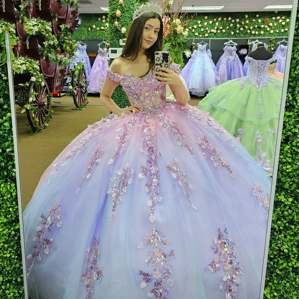 Off-Shoulder Sparkle Ball Gown Beaded Tulle Princess Dress for Prom Quinceanera & Sweet 16 Celebrations