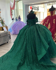 Exquisite Dark Green Ball Gown Off-Shoulder 3D Floral Tulle Dress for Quinceanera Sweet 16 & Birthday Galas