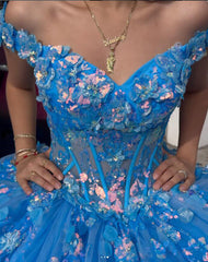 Off-Shoulder Beaded Lace Ball Gown Blue Tulle Quinceanera Dress for Sweet 16 & Evening Galas