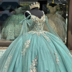 Mint Green Quinceanera Ball Gown Sparkling Tulle 3D Floral Appliques & Beaded Sweetheart Neckline for 2024