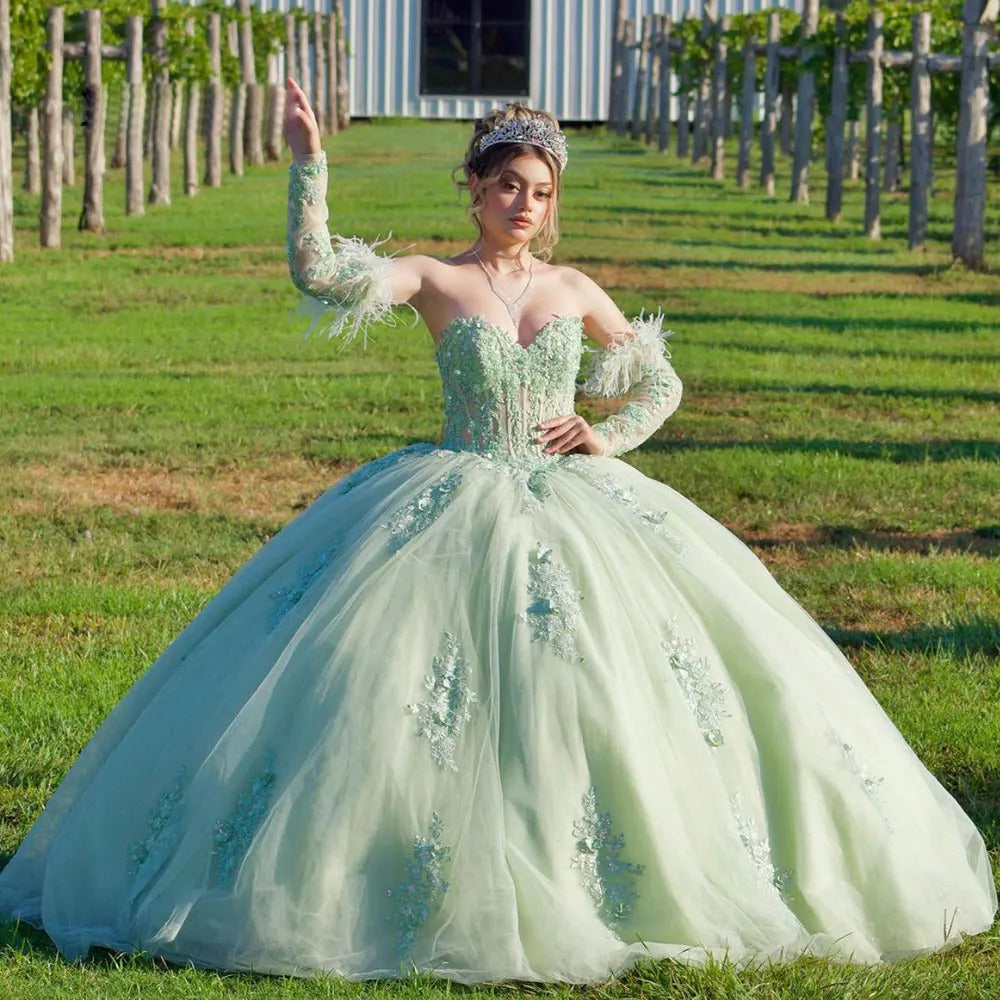 Mint Green Ball Gown with Detachable Strapless Sleeves 3D Floral Lace Applique & Corset Bow for Quinceanera & Sweet 16
