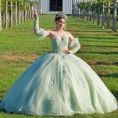 Mint Green Ball Gown with Detachable Strapless Sleeves 3D Floral Lace Applique & Corset Bow for Quinceanera & Sweet 16