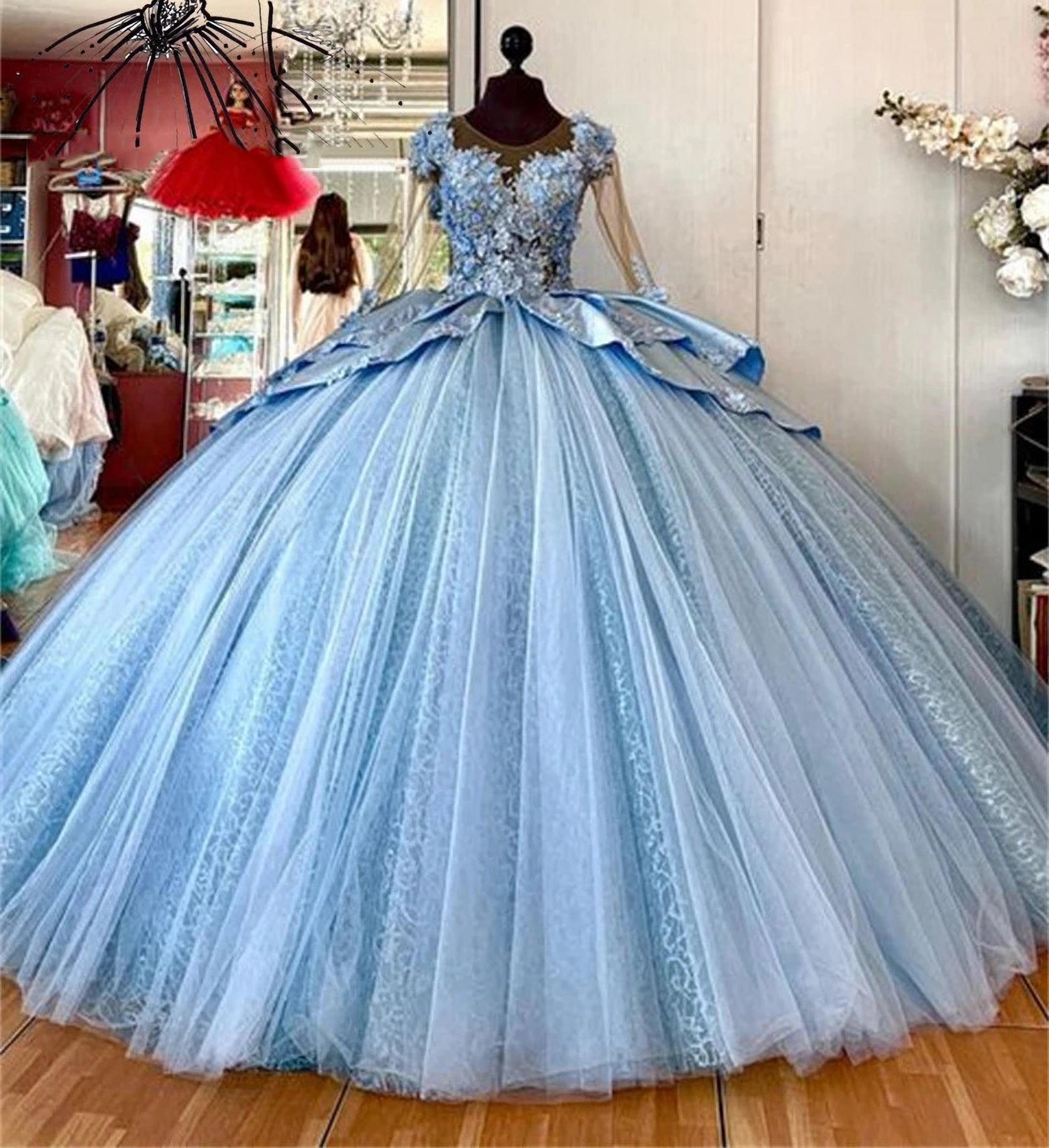 Royal Blue Ball Gown 3D Floral Lace Applique Beaded Tiered Tulle Quinceanera Dress for Sweet 16 & Princess Parties