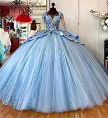 Royal Blue Ball Gown 3D Floral Lace Applique Beaded Tiered Tulle Quinceanera Dress for Sweet 16 & Princess Parties