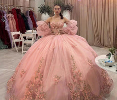 Pink Tulle Quinceanera Dress Sweetheart Neckline Puff Sleeves & 3D Floral Lace Appliques for Sweet 16 & Princess Parties