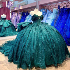 Emerald Green Quinceanera Ball Gown Off-Shoulder Sparkle Tulle Dress with Tiered Ruffles for Sweet 16 & Princess Parties