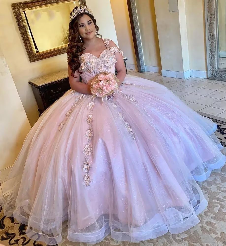 Exquisite One-Shoulder Ball Gown with 3D Floral Lace Appliques Pink Tulle Princess Dress for Quinceanera & Sweet 16