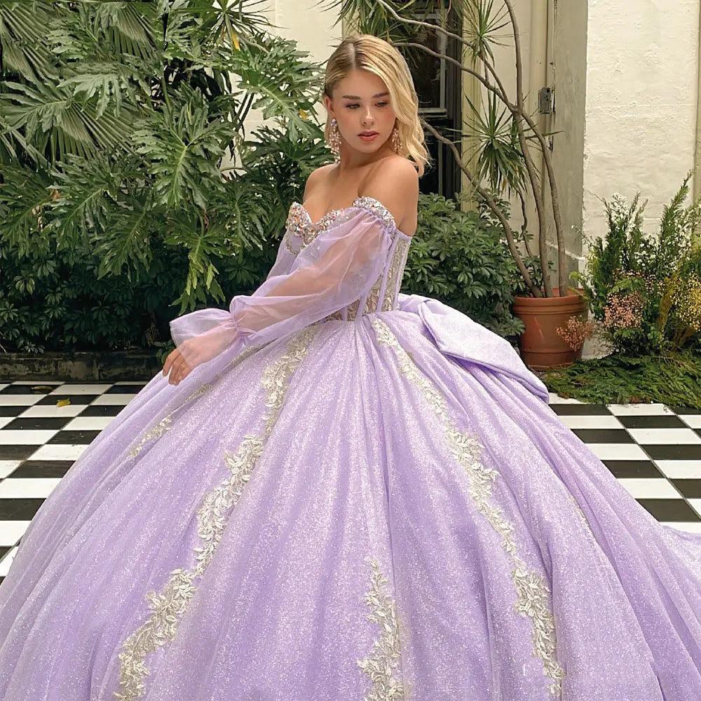 Lilac Tulle Princess Ball Gown Strapless Long Sleeves with Lace Appliques & Beaded Bow for Quinceanera Sweet 16 & Evening Galas
