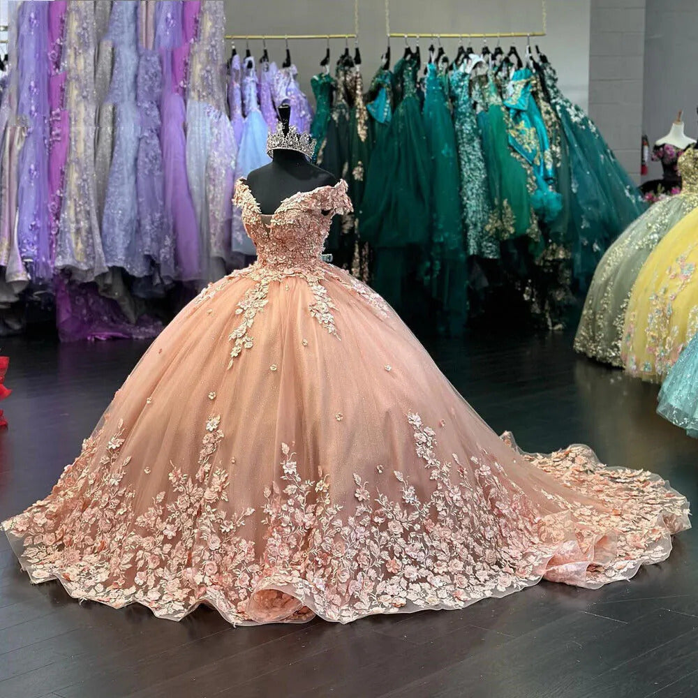 Off-Shoulder Ball Gown with 3D Floral Appliques Pink Tulle Quinceanera Dress with Sweep Train