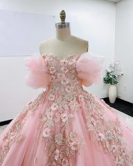 Off-Shoulder Ball Gown with Puff Sleeves Floral Appliques & Beaded Details Pink Tulle Quinceanera Dress for Sweet 16