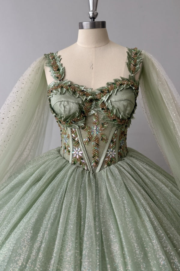 Sage Green Beaded Ball Gown Sweetheart Neckline Sparkling Tulle Quinceanera Dress for Sweet 16 & Formal Evenings