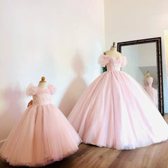 Off-Shoulder Ball Gown with Puff Sleeves Pink Tulle Quinceanera & Sweet 16 Princess Dress