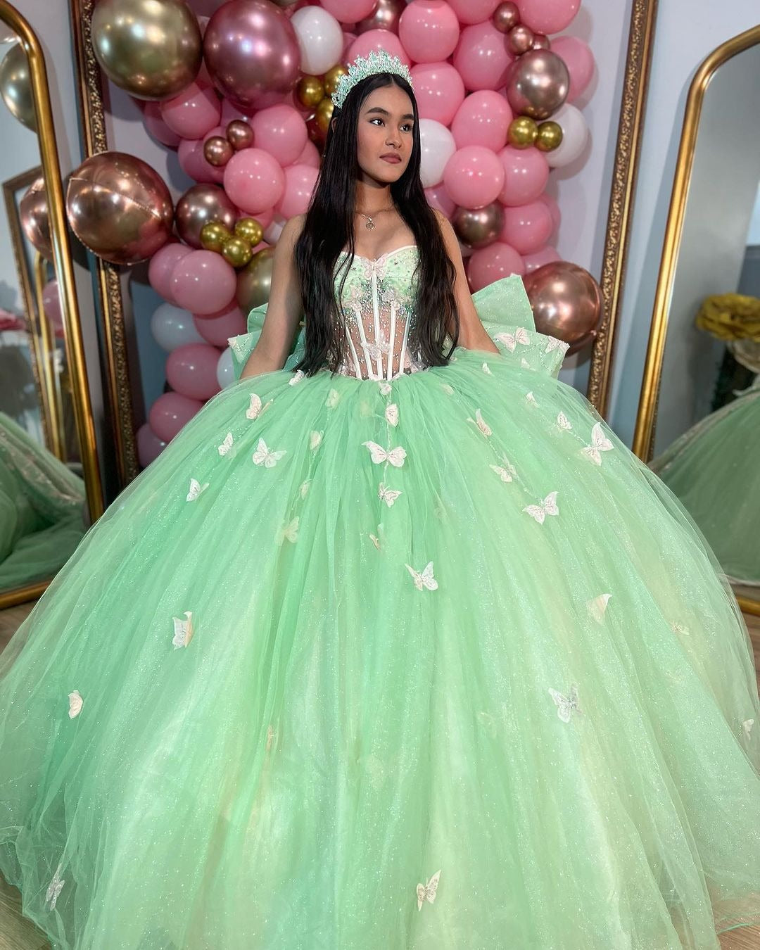 Mint Green Ball Gown with Sweetheart Neckline 3D Butterfly Appliques and Bow Detail Perfect for Quinceanera & Evening Galas