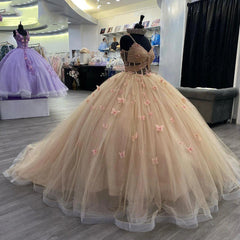 Dusty Pink Ball Gown Sweetheart Neckline with 3D Butterfly Appliques & Beaded Tulle for Quinceanera Sweet 16 or Birthday Celebrations