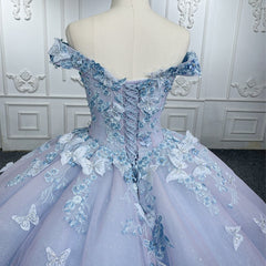 Lavender Quinceanera Dress Off-Shoulder Ball Gown with 3D Butterfly Lace Appliques & Lace-Up Corset