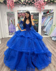 Royal Blue Ball Gown Off-Shoulder Lace Applique Beaded Tulle Princess Dress for Quinceanera & Sweet 16