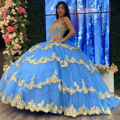 Sky Blue Ball Gown V-Neck Beaded Sequins Floral Appliques & Tiered Tulle Quinceanera Dress for Sweet 16 Cocktail & Evening Parties