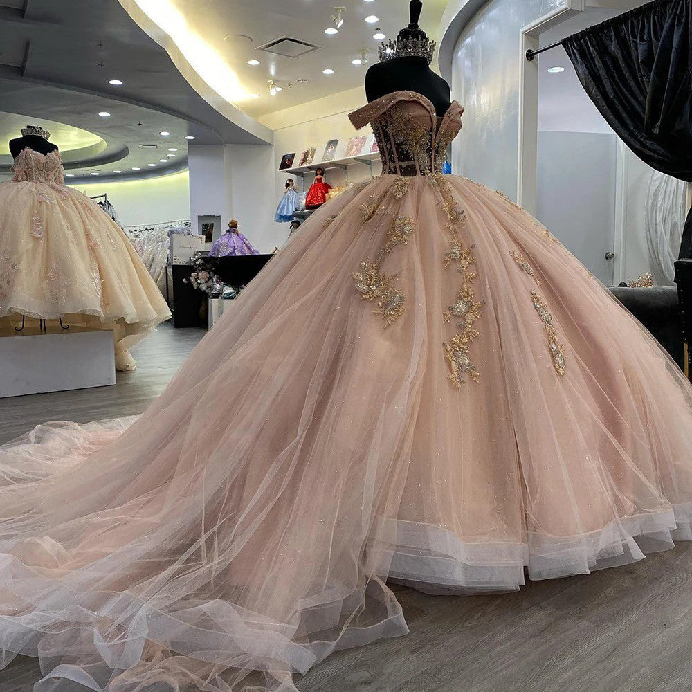 Exquisite Rose Pink Quinceanera Dress Off-Shoulder Lace & Sequins Ball Gown with Sweep Train for Sweet 16 & Princess Galas