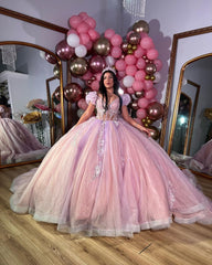 Pink Tulle Princess Ball Gown Sweetheart Neckline with Puff Sleeves Lace Appliques & Beaded Details for Quinceanera Sweet 16 or Evening Galas