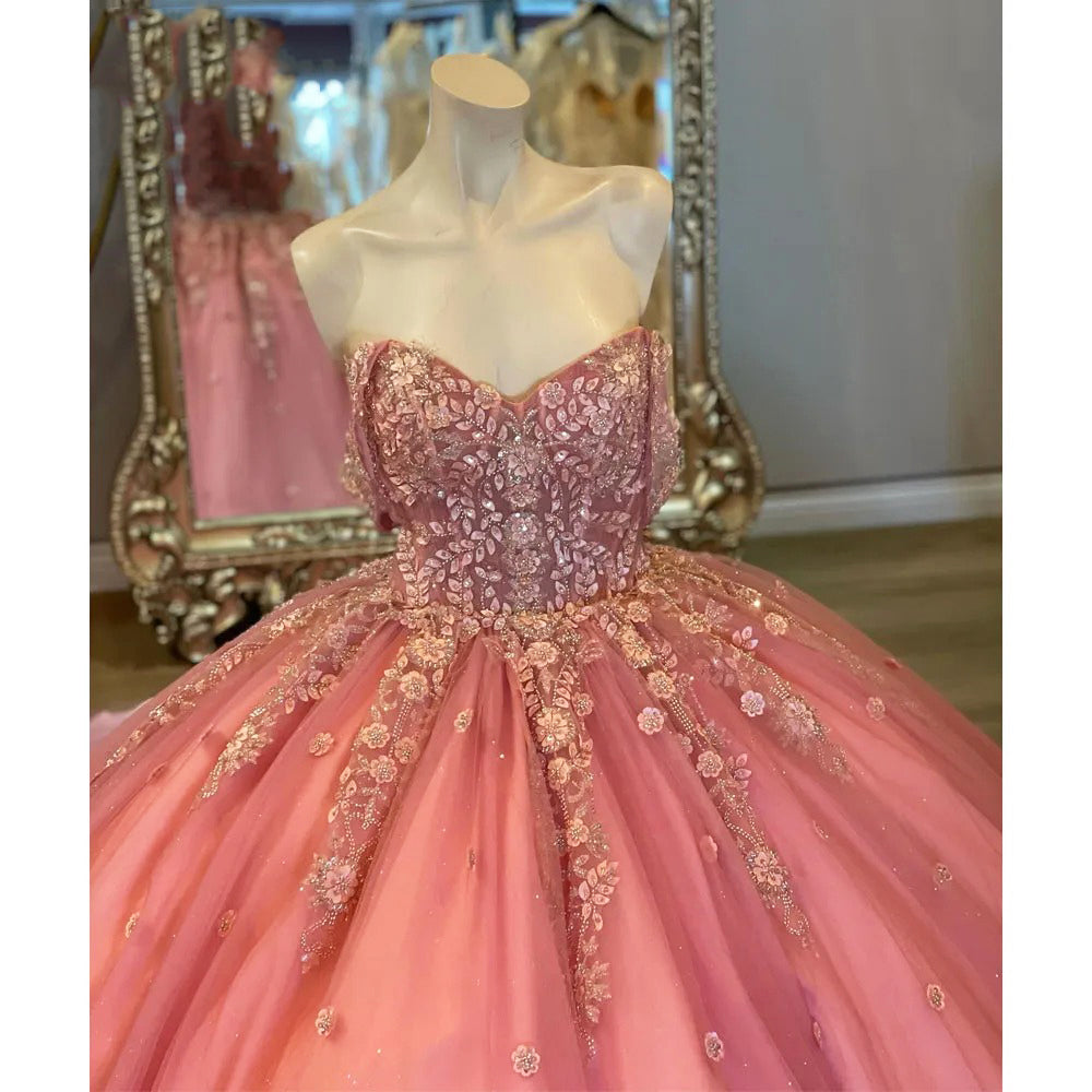 Off-Shoulder Pink Tulle Quinceanera Dress with Floral Applique & Beaded Sparkle Perfect for Sweet 16 & Birthday Galas