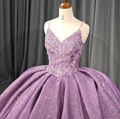 Purple Tulle Princess Ball Gown V-Neck Spaghetti Straps with 3D Floral Lace & Sweep Train for Quinceanera or Sweet 16