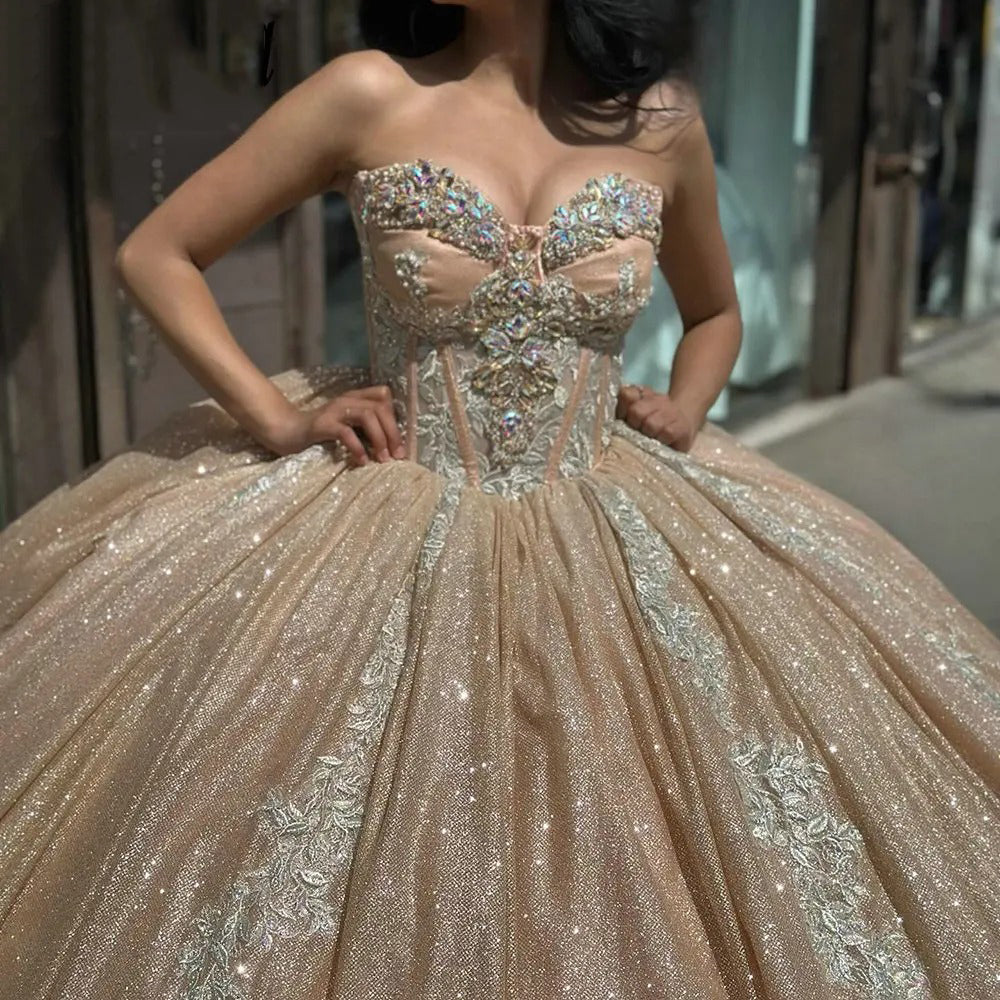 Champagne Sequined Ball Gown Sweetheart Neckline Lace Applique & Beaded Quinceanera Dress for Sweet 16