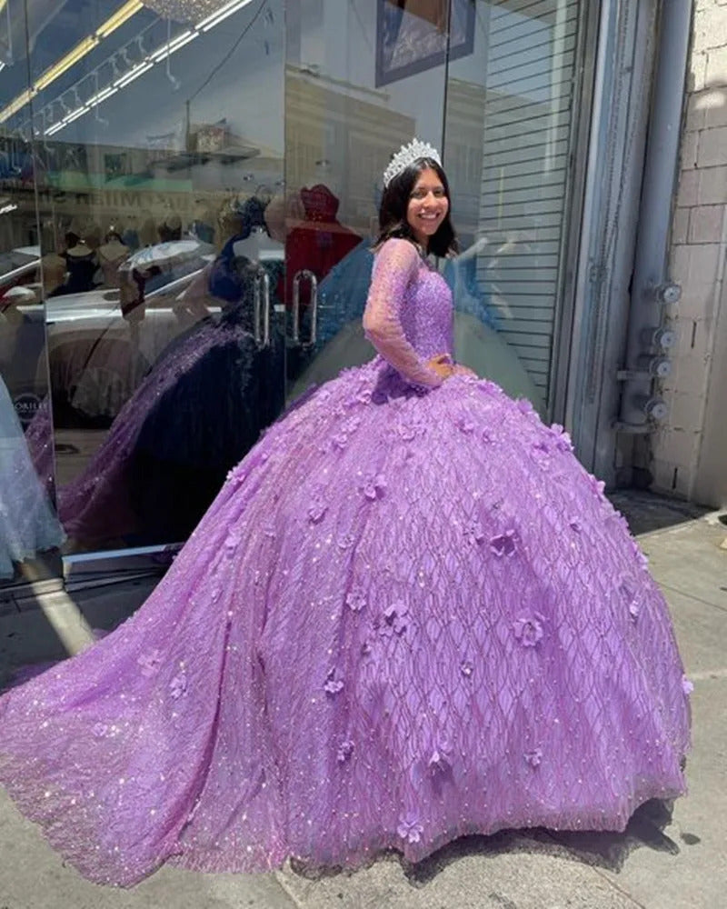 Lilac Ball Gown with Sweetheart Neckline Long Sleeves & 3D Floral Appliques Princess Quinceanera Dress for Sweet 16