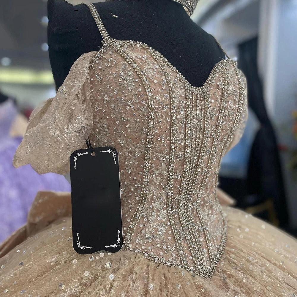 Champagne Quinceanera Ball Gown Off-Shoulder Spaghetti Strap Lace Applique Tulle Dress for Sweet 16