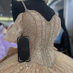 Champagne Quinceanera Ball Gown Off-Shoulder Spaghetti Strap Lace Applique Tulle Dress for Sweet 16