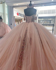 Ball Gown with Sweetheart Neckline Off-Shoulder Sleeveless Lace Applique Tulle Dress in Baby Pink for Prom Quinceanera & Sweet 16