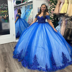 Royal Blue Ball Gown Off-Shoulder Sweetheart Neckline with Floral Lace Appliques & Beaded Detail for Quinceanera Sweet 16 or Princess Party