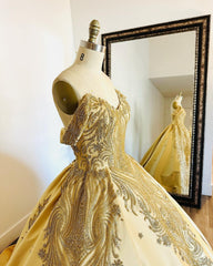 Gold Satin Quinceanera Dress Off-Shoulder Ball Gown with Intricate Appliques for Sweet 16