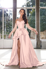 Glamorous Half Sleeves Ink Blue Formal Dress Strapless With High Split Gown