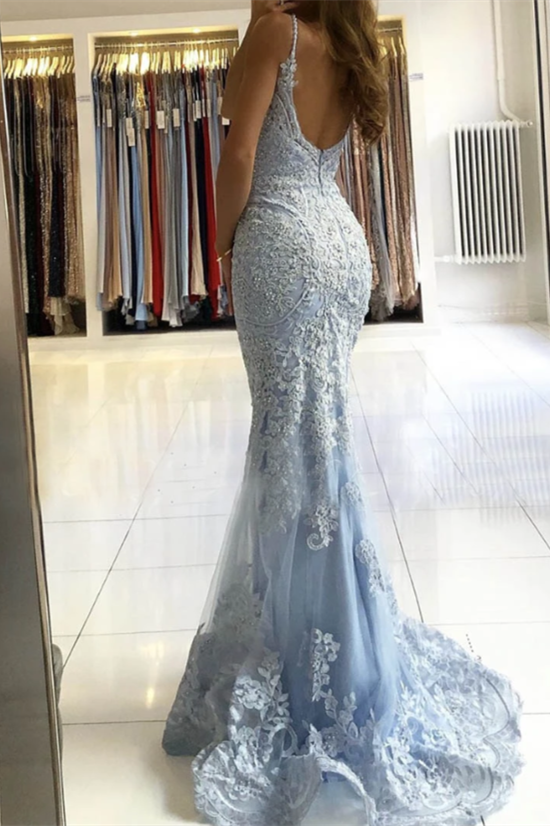 Newinlook Spaghetti-Straps Mermaid Sky Blue Evening Dress