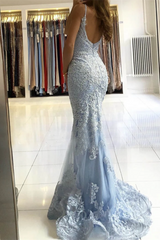 Newinlook Spaghetti-Straps Mermaid Sky Blue Evening Dress