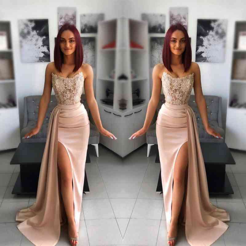 Newinlook Strapless Pink Slit Mermaid Evening Dress With Chic Appliques