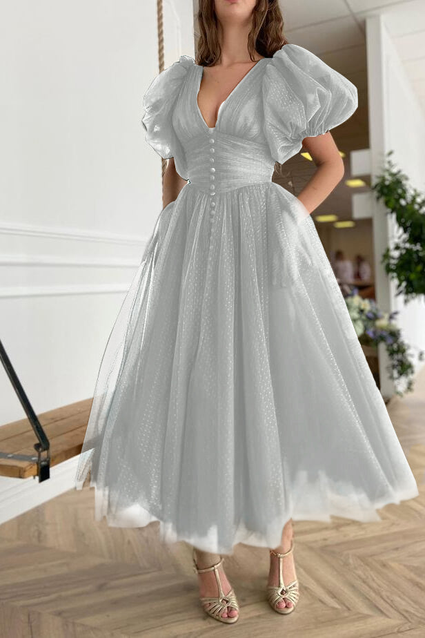 Newinlook Dark Green Evening Dress A-Line With Short Sleeves V-Neck