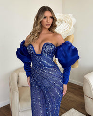 Royal Blue Sweetheart Bubble Long Sleeves Strapless Mermaid Sequins Formal Dress