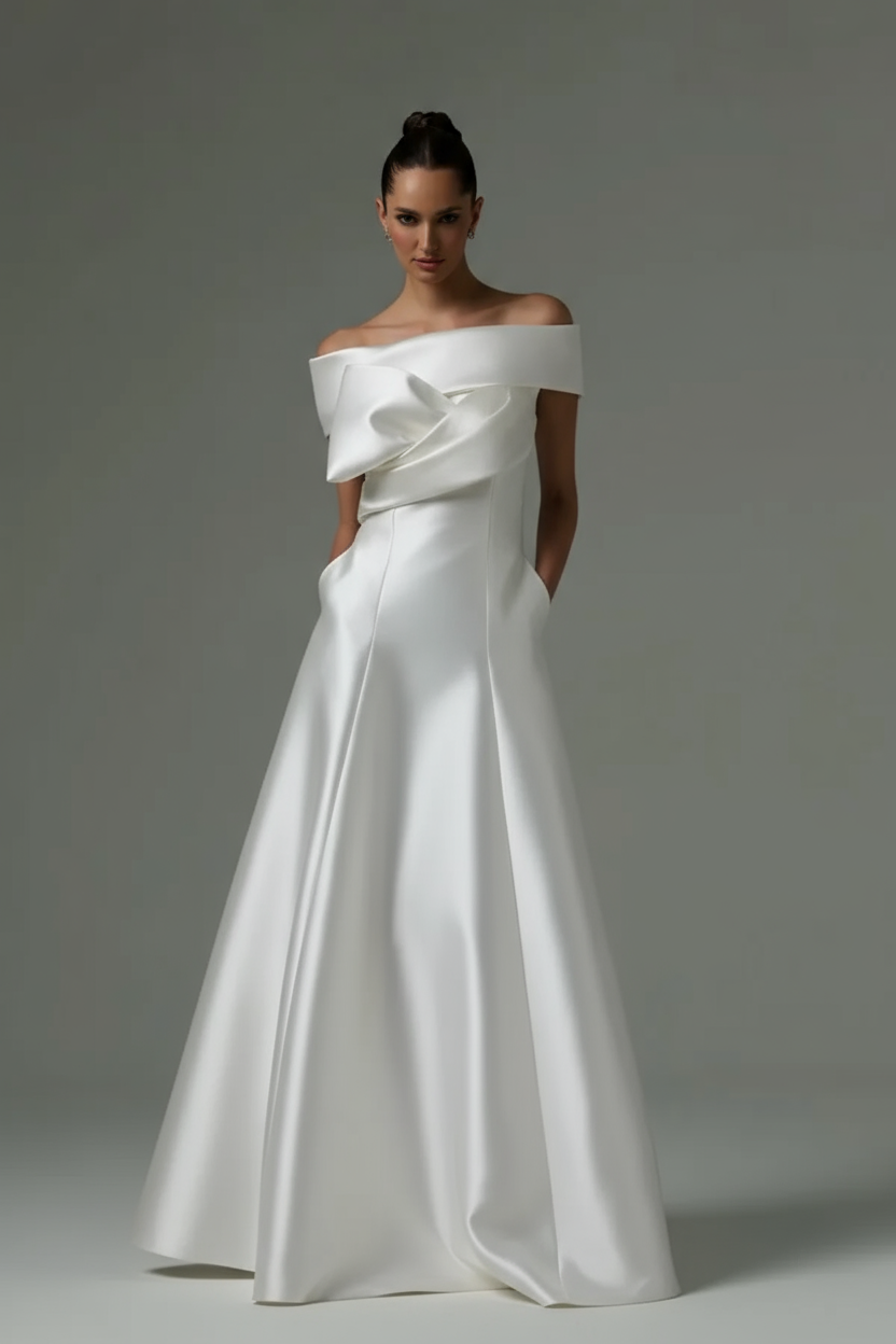 Off the Shoulder Sleeveless Long Formal Dress With Pleated Pocket