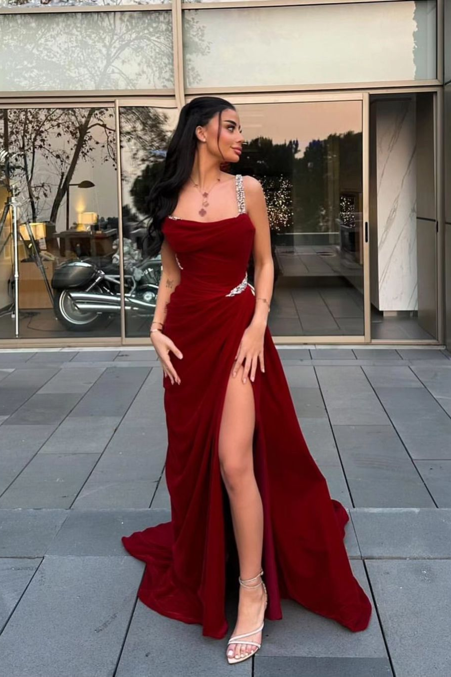 Spaghetti Strap Sleeveless Long Formal Dress With Split Beading
