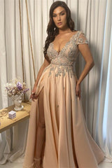 Newinlook Formal V-Neck Short Sleeves Split Evening Dress With Appliques