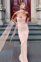 Chiffon Strapless Sleeveless Long Mermaid Formal Dress With Pleated