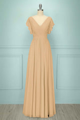 Chiffon V Neck Sleeveless Long Formal Dress With Pleated Ruffle
