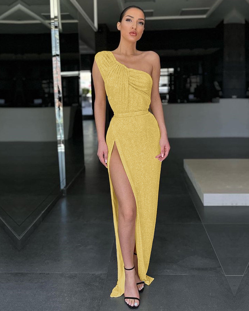 Newinlook Yellow Mermaid One-Shoulder Evening Dress Sequins Split