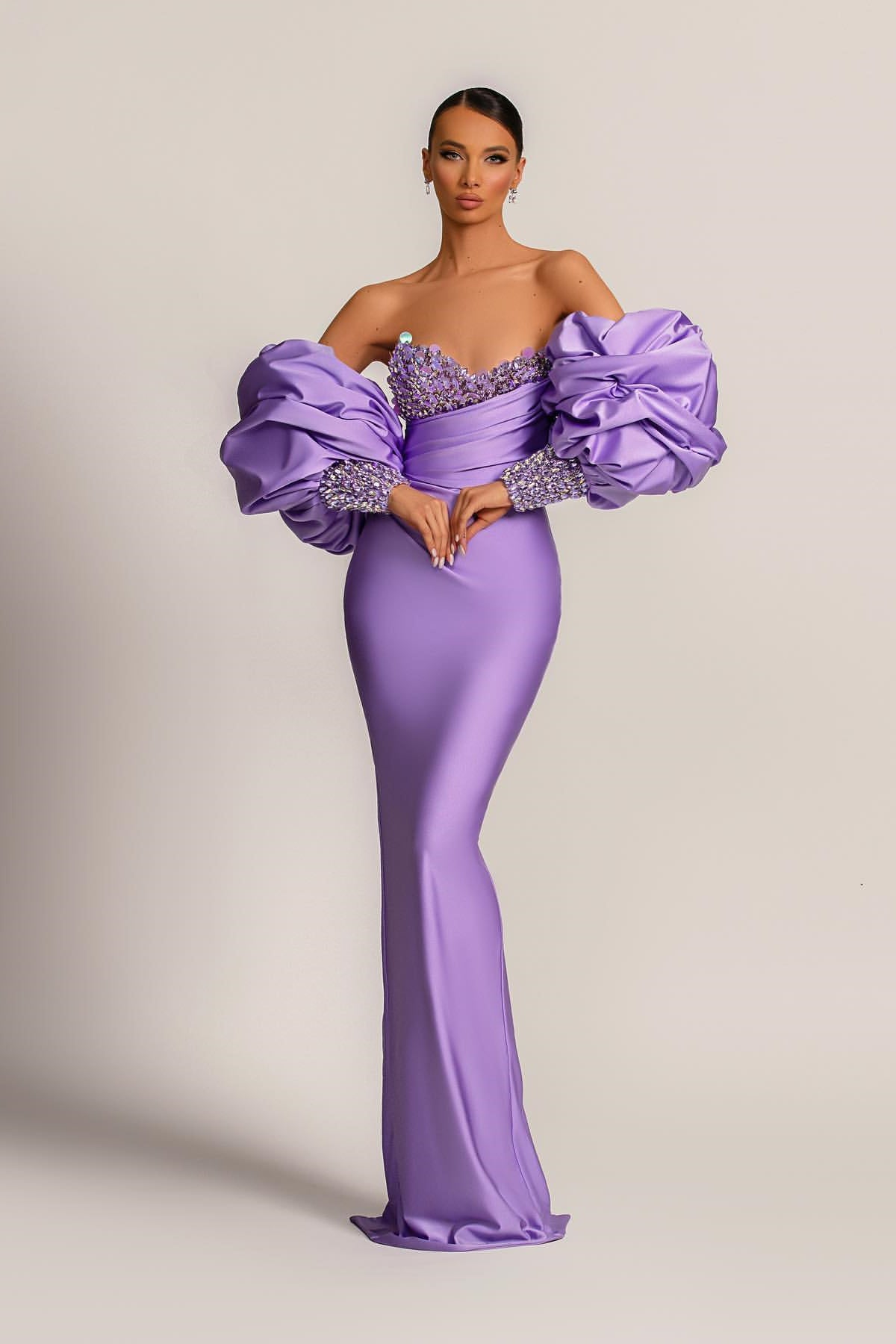 Charming Purple Strapless Mermaid Long Formal Dress With Appliques Puff Sleeves
